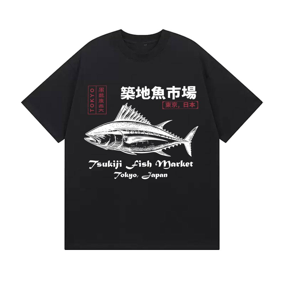 

Japanese Tsukiji Market Funny Fish Merch T-Shirts Mens Clothing Fashion Oversized T Shirt Unisex Summer O-Neck Short Sleeve Tees 4XL