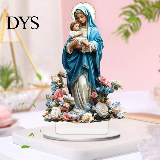 Spiritual Gift for Baptism Virgin And Angel Ornament, 2D Acrylic Religious Ornament with Catholic Statue Base, Table Centerpiece, Christian