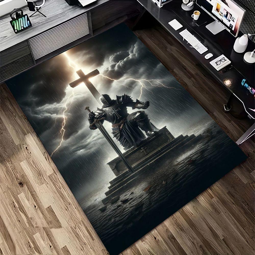1pc Templar‑Knight‑Cross Print Area Rug, Washable Durable Floor Mat for Entryway, Office, Living Room, Bedroom, Gaming Area