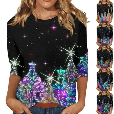 Women's Fashion Casual Round Neck 3/4 Sleeve Loose  Printed T-Shirt Ladies Top
