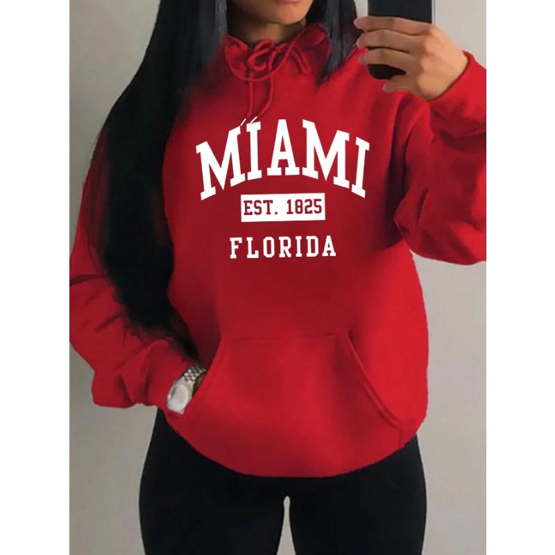 Miami Est 1825 City Art Letter Prints Women Hoodie Pocket Streetwear Harajuku Loose Hoody All-Match Fleece Female Clothing