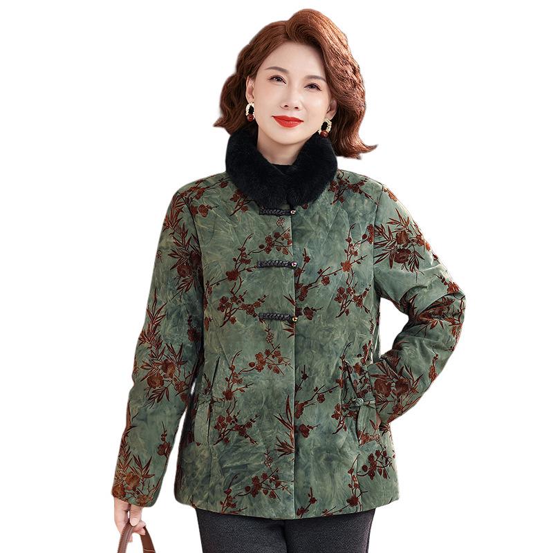 2025 Chinese Style Winter Down Jacket for Middle-aged & Elderly Women with Fur Collar - Thick 90% White Duck Down