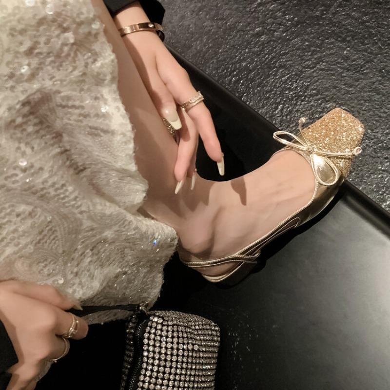 Fashion French Elegance Gold Butterfly Knot Square Head Single Shoes 2025 New Style Wrapped Head Thick Heel Sandals Women Summer Outdoor