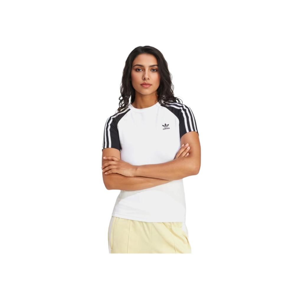 adidas Originals Maglietta a Maniche Corte Slim Fit con Scollo Rotondo a Righe Donna Top Bianco JD0834
