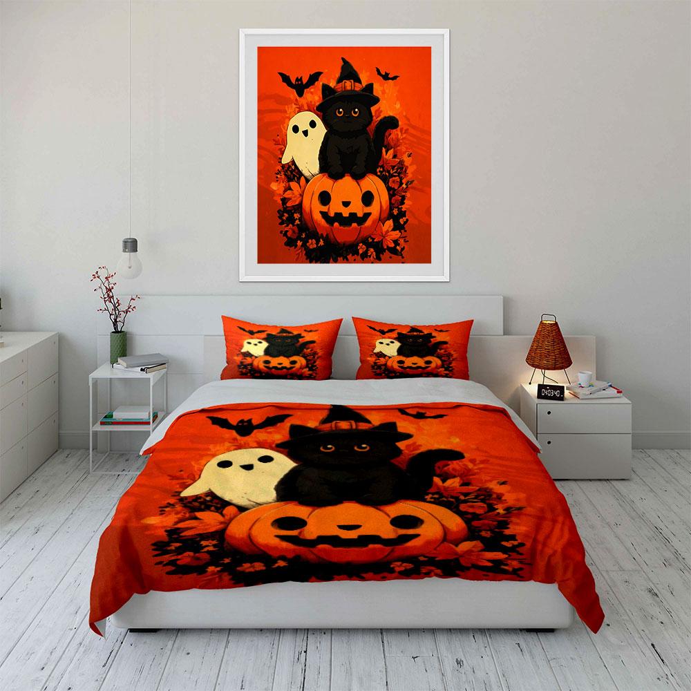 Halloween Decor Pumpkin Ghost Cat Soft Comfortable Duvet Cover Bedding Set Included 1*Duvet Cover & 2*Pillowcases, Gift