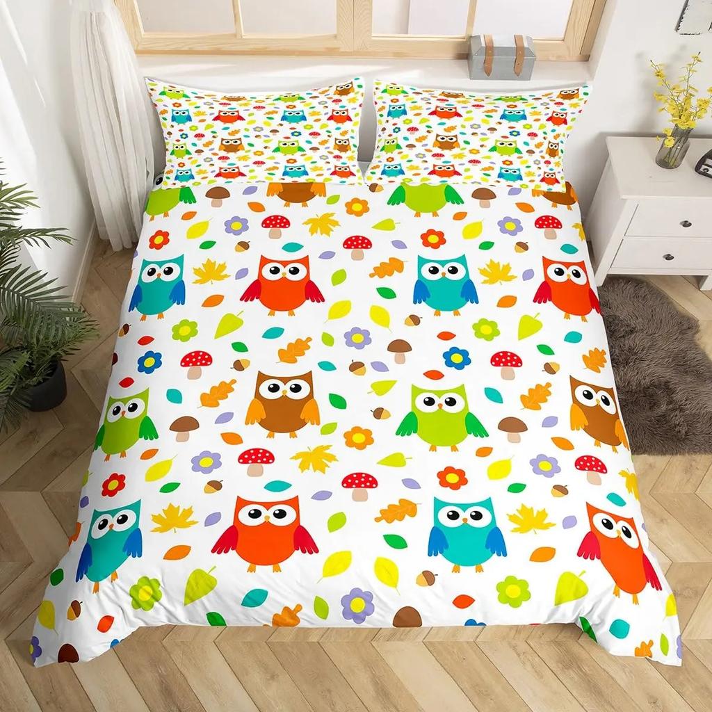 Kids Cartoon Garden Bed Set Cute Owls Comforter Cover, Chic Tree Butterfly Duvet Cover Full Queen White Daisy Floral Bedding Set