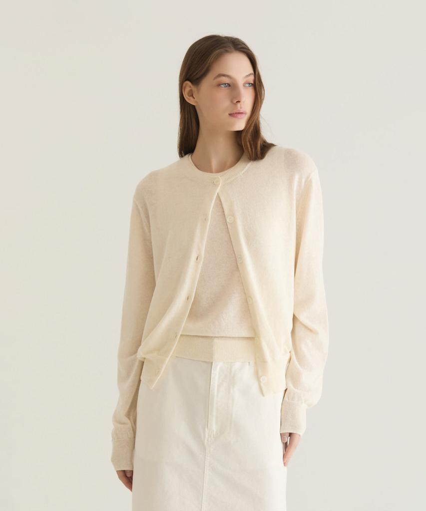 Oatmeal Cafe Linen Round Neck Cardigan - Ivory