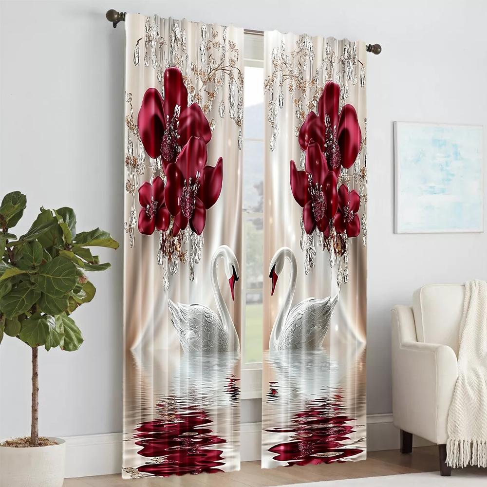 2Pcs Digital Printed Rod Pocket Window Curtain Swan Flower Pattern Window Drapes For Bedroom Living Room Home Decor Design For