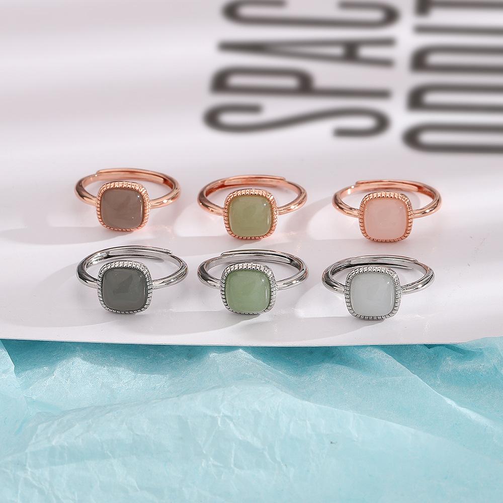 Three-dimensional Design Hetian Jade Square Open Ring Chinese Style Pattern Craft Light Luxury Women's Copper Zircon