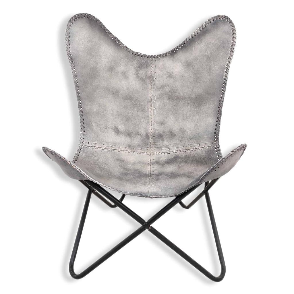 Skládací kancelářská a domácí stylová šedá kožená motýlí židle - Pohodlná opěrka rukou Relaxační motýlí židle - s černým práškově lakovaným železným stojanem