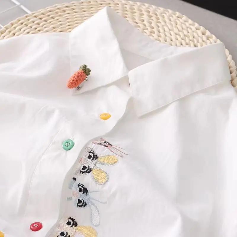 Bluze în stil de primăvară de toamnă pentru femei, cămăși pentru damă, ocazional, cu mânecă lungă, guler răsucit, bluze de broderie cu desene animate, topuri