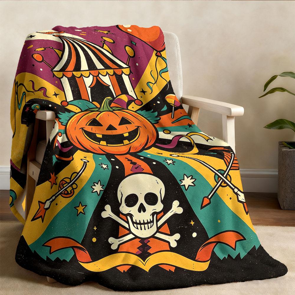 Halloween Carnival Pumpkin Circus Pattern Flannel Blanket Multi Sizes Soft Sofa Throw Nap Blanket For Office Break Holiday In