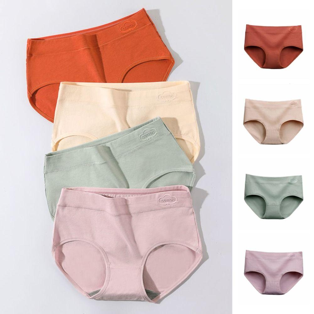 4pcs Solid Color Cotton Panties Lingerie Mid Waist Briefs Soft Women Underwear Lady