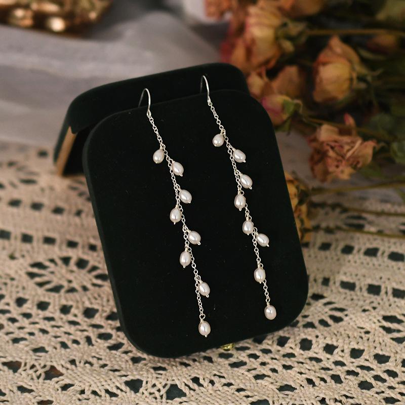 Freshwater Pearl Silver Fringed Long Earrings Fairy Round Face Thin Sweet Temperament Versatile Fashion Earrings