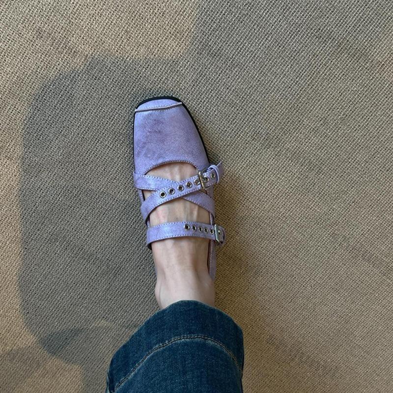 Women's Retro Genuine Leather Shoes 2025 New Shallow Ballet Shoes Women's Cross Button Square Head Flat Mary Jane Shoes