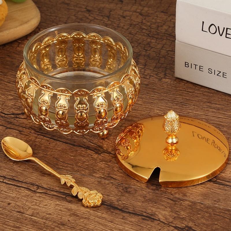 European Style Sugar Bowl Seasoning Jar,Hollowed-Out Alloy With lid,Coffee Beans Container,Cream Storage Pots,Kitchen Tools