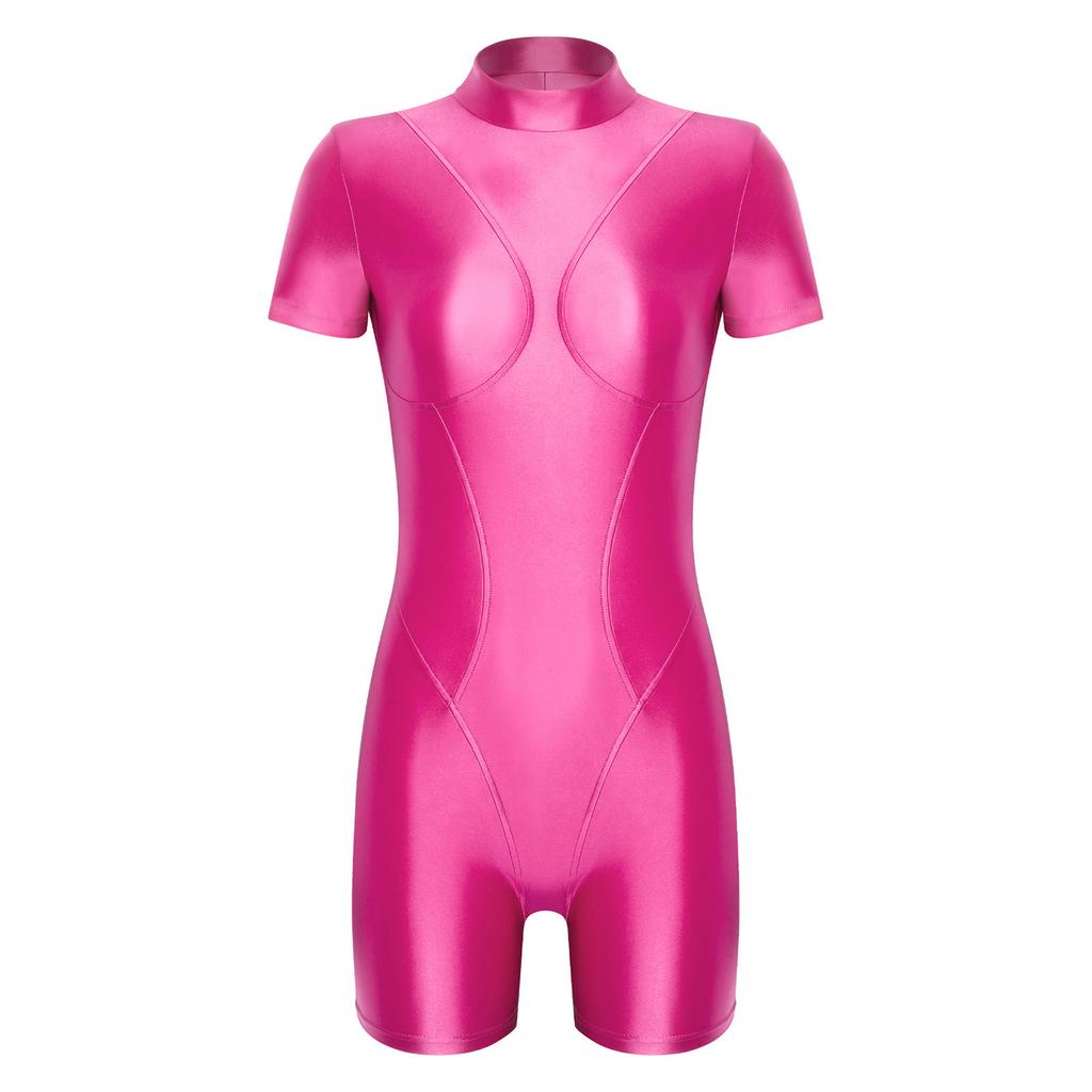 Costume da bagno da donna lucido e oleoso, collo alto, manica corta, schiena scoperta, vestibilità aderente, intero, costume da surf