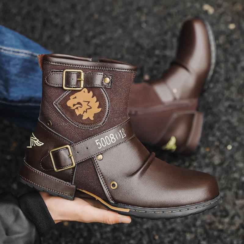 Herren Retro Ritterstiefel Herbst Neu Runde Spitze Metallschnalle Seitenreißverschluss Herrenstiefel Modetrend Lokomotivstiefel Große Größe 39-48