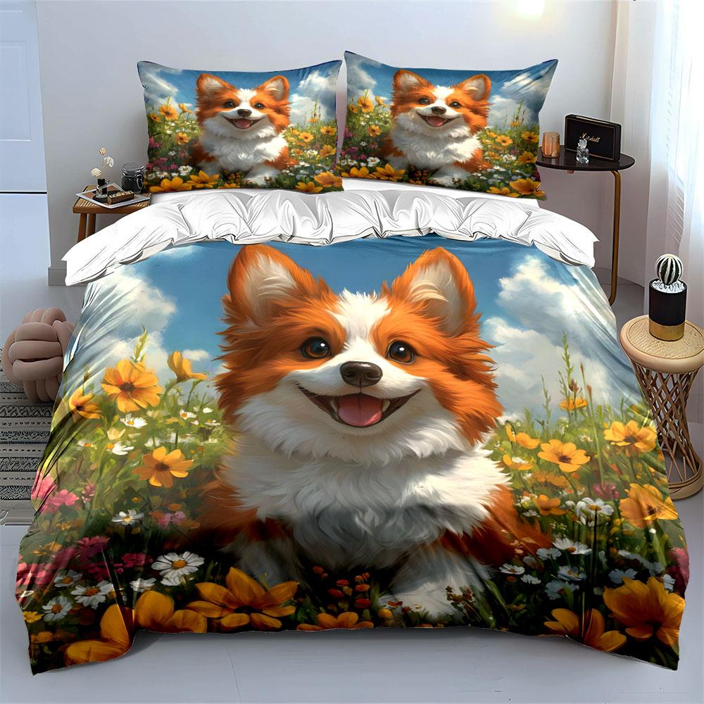 Cute Corgi In Vibrant Flower Field Duvet Cover Set With 3D Printing Design Soft Polyester Bedding Set All-Season Comfort