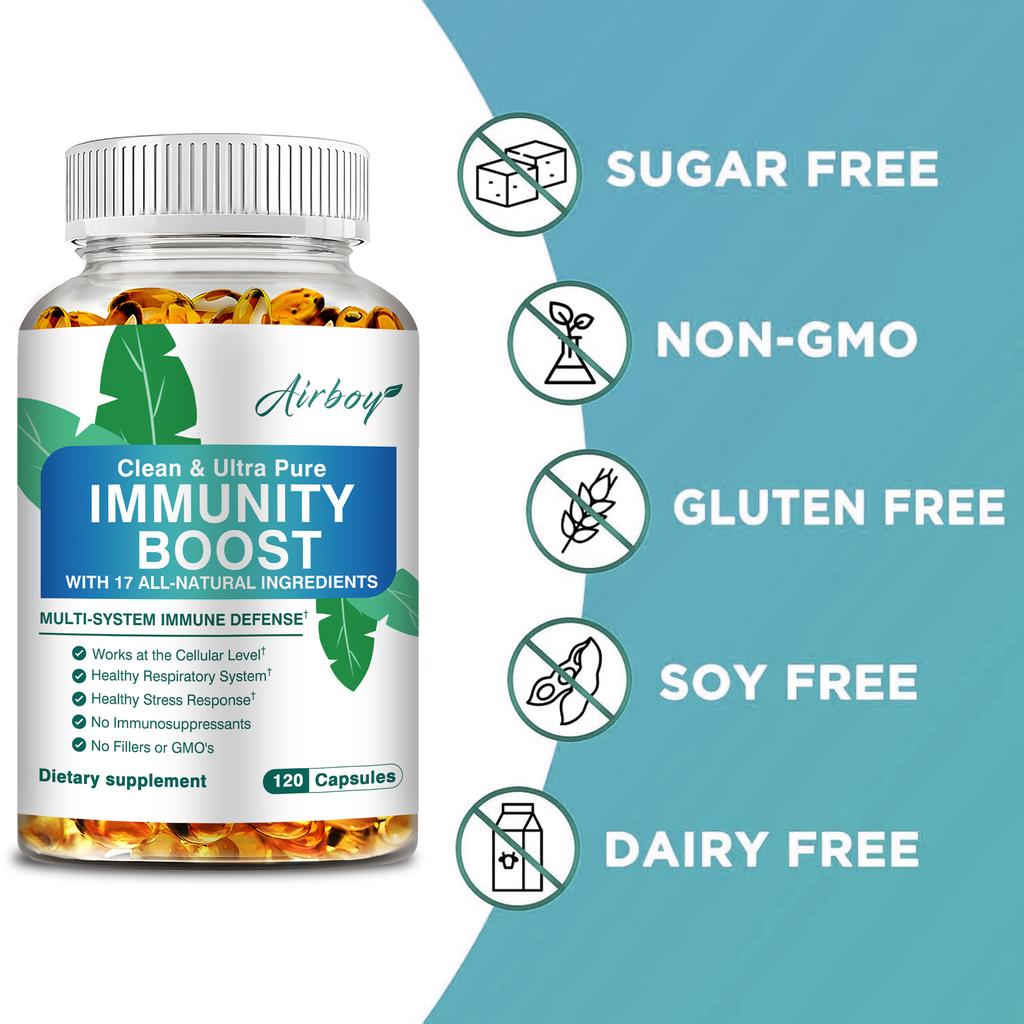 Airboy Immune Support Supplement Contains 1000 Mg Vitamin C, Zinc, Elderberry Extract, Ginger Root, and Beta-Carotene.