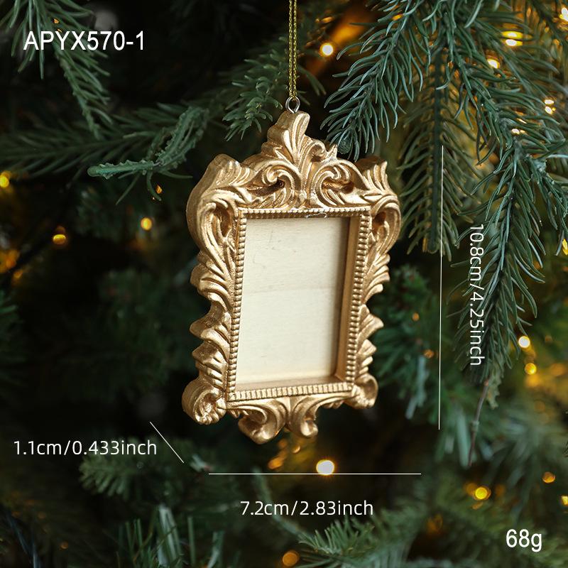 Resin Classic Baroque Frame Christmas Tree Pendant  Golden Square Oval Frame Christmas Hanging Decoration Home Ornaments