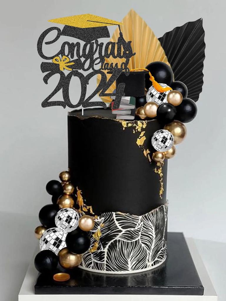 Tortenfiguren für Absolventen: Spiegel, schwarz-gold-weiße Kugeln, Glückwünsche, Dekoration für Highschool- und College-Absolventen des Jahrgangs 2025