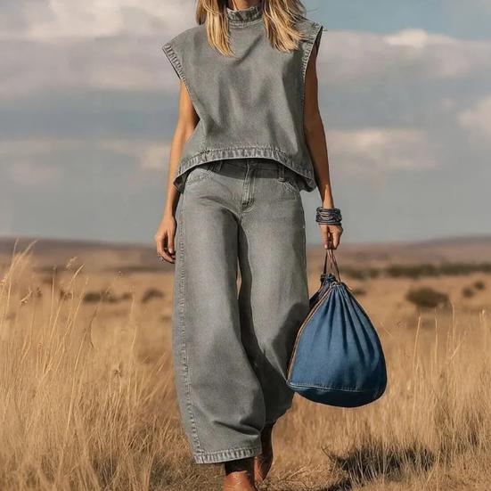 Summer 2 Piece Denim Set for Women Cap Sleeve Mock Neck Top And Wide Leg Pants Set Casual Loose Loungewear Outfit