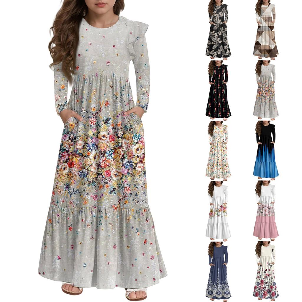 Girls' Tiered Ruffle Dress - Long Sleeve Printed Maxi With Pockets