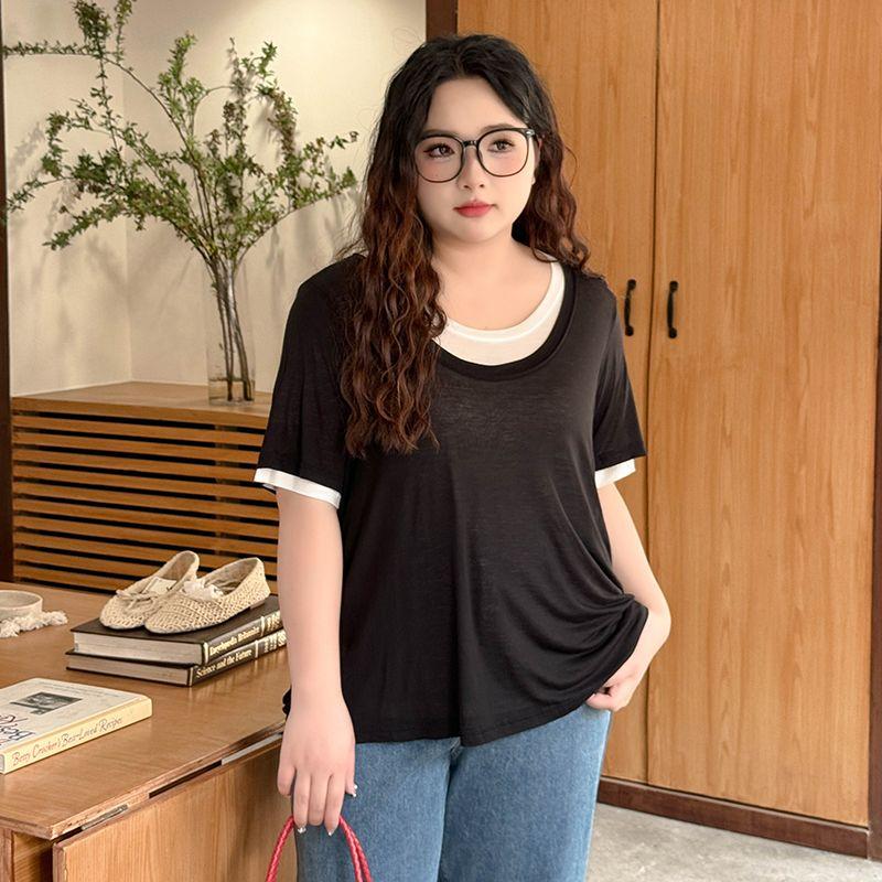 Plus size women clothing [Lyocell Stacked T] Double-Layer Contrast Color round Neck Loose Summer Short sleeve 100.00kg Belly Covering T-shirt