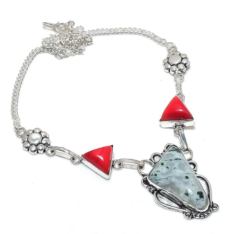 Natural Tree Agate, Coral Gemstone 925 Sterling Silver Jewelry Necklace 18" A5U61