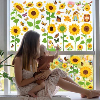 8 Sheets Sunflower Bee Butterfly Window Stickers Static PVC Window Cling Reusable Removable Spring Floral Decals for Glass Door Window Decor