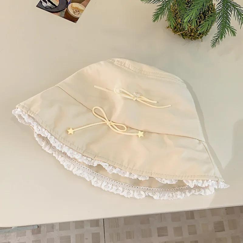 Sweet Lace Bow Bucket Hat for Women Girls Cotton Bowknot Star Fisherman Cap Korean Y2K Basin Hat Outdoor Travel Holiday Sun Hats