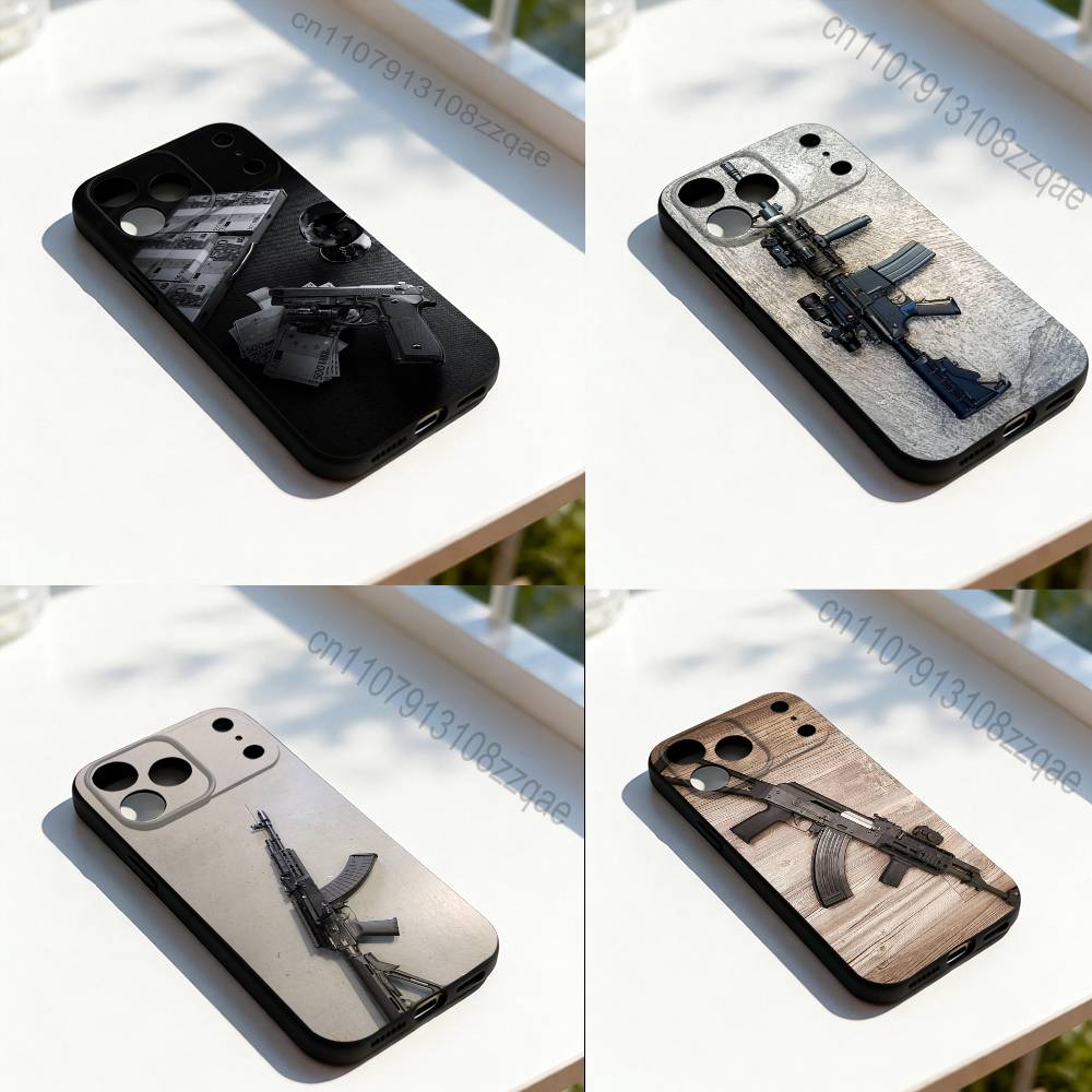 Gun AK47 Rifle M4A1 Cool Phone Case For iPhone 11,12,13,14,15,16,17,Pro,Max,Plus,E,SE4,Air,Mini Black Soft Cover
