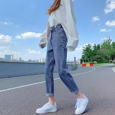 Lose Hohe Taille Denim Harem Hosen Frauen Casual Jeans Gerade Bein Hosen Breite Bein Hosen Weibliche