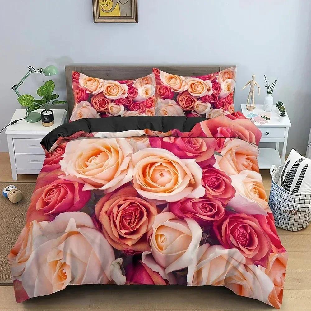 3D Rose Pattern Duvet Cover Set Queen King Size Bedding Set Quilt Cover With Zipper Closure Valentine'S Day Gift For Lover