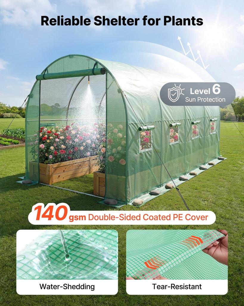 Walk-in Tunnel Greenhouse, 4.48x1.97x1.97 M Hoop House Greenhouse Tunnel with Watering System, Plant Hot House with Steel Frame, PE Cover, Roll-Up