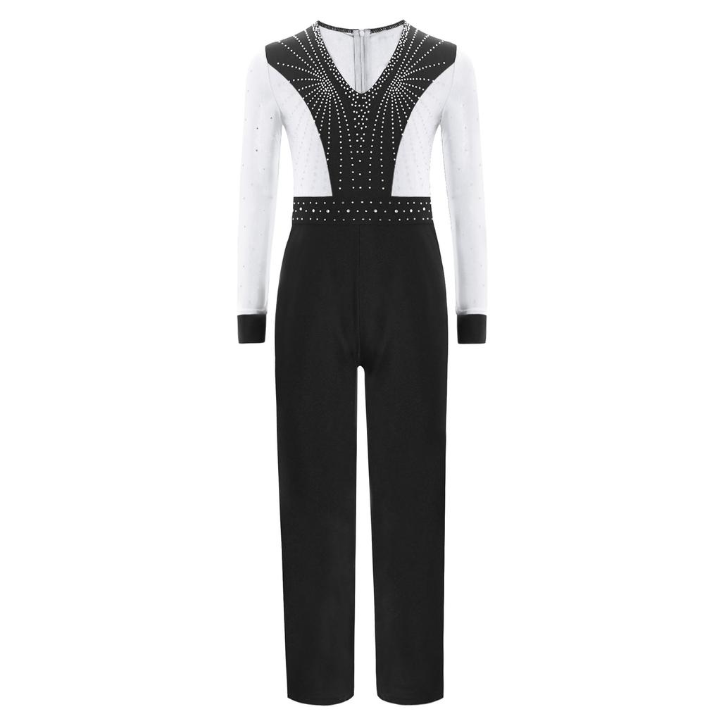 Boys Latin Dance Jumpsuit Color Block Design V Neck Long Sleeve Full Body Leotard Skating Performance Costume