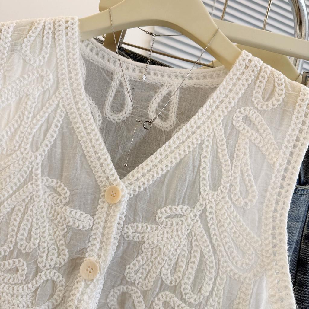DIMANAF 2025 Ny Kort Väst T-shirt Dam Ärmlös Knappar Stickning Spets Väst V-ringad Sommarstil Bas Toppar T-shirts Lös Klädsel
