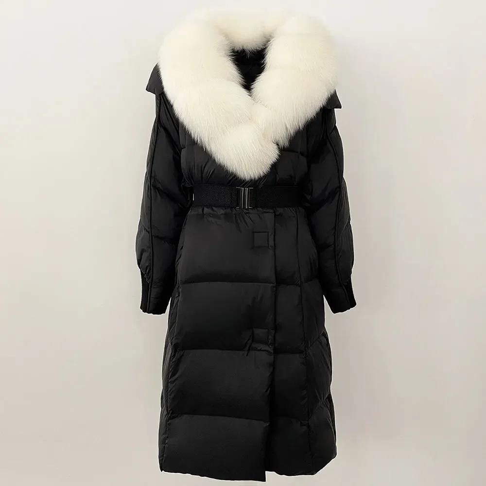 OFTBUY Winter Jacket Women Long Natural Real Raccoon Fox Fur Collar White Duck Down Coat Belt Thick Warm Casual Outerwear
