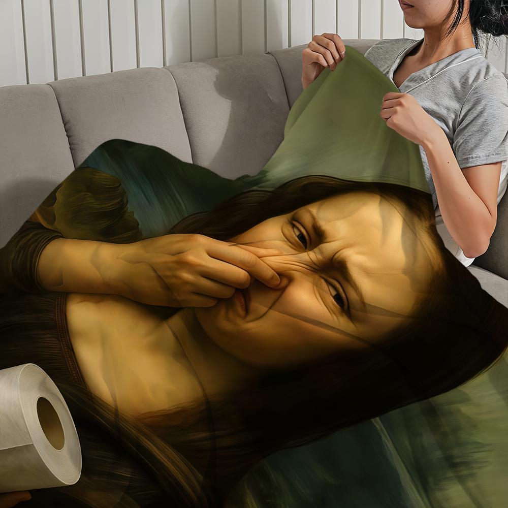 Funny Mona Lisa Covering Her Nose Holding Toilet Paper Blanket Soft Throw Blanket for Picnic Bed Sofa Home Bedroom Cozy Warm
