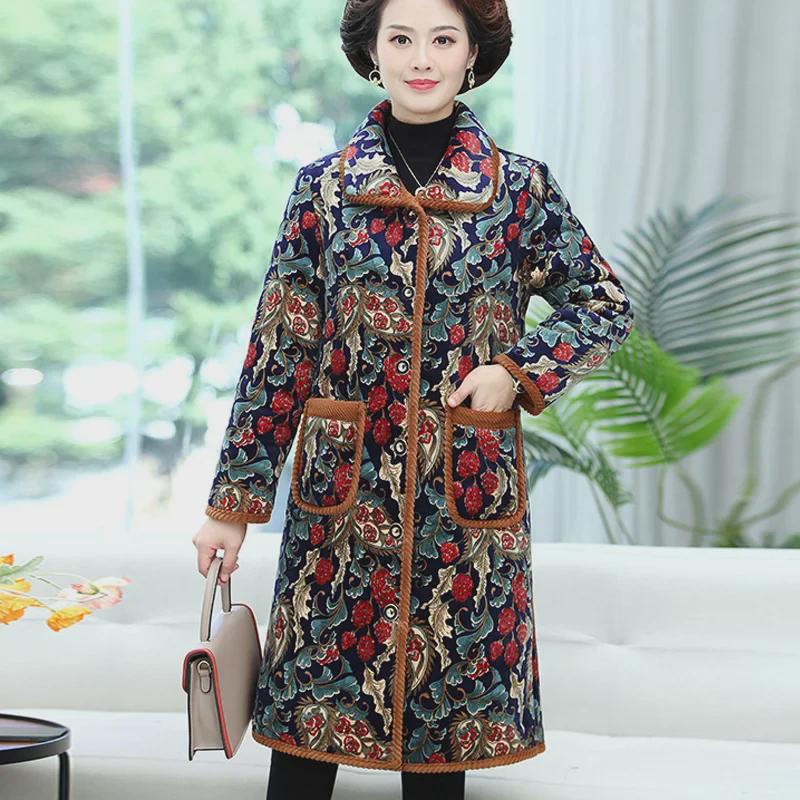 Warm Floral Crystal Velvet Coat for Middle-aged and Elderly Women