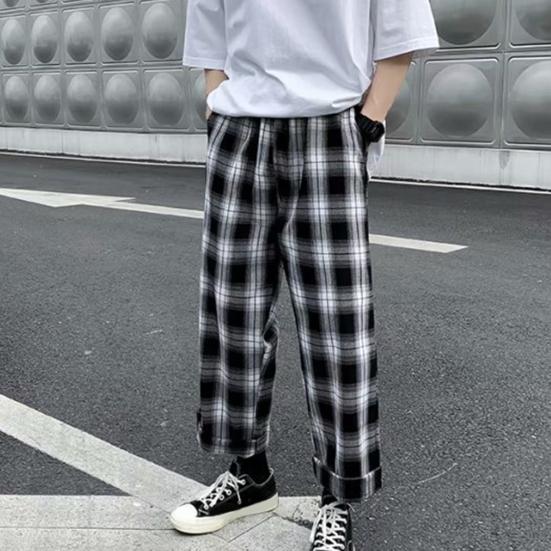 Men Pants Plaid Streetwear Wide Leg Elastic Waist Loose Sports Pants Trousers for Autumn