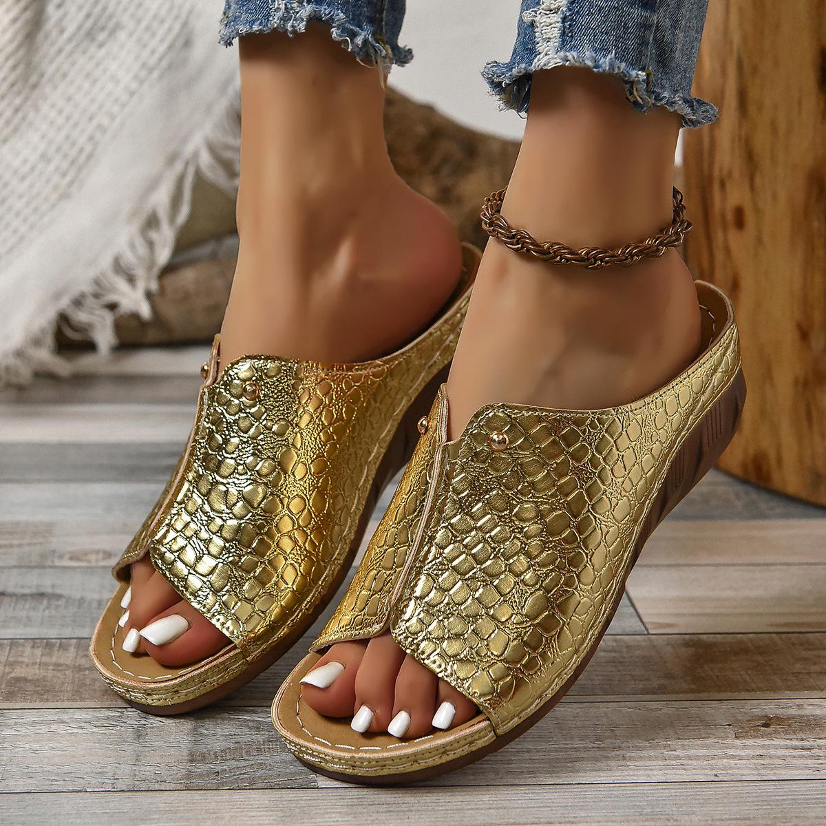 

Тапочки на каблуке с уклоном женские толстые женские сандалии Drag One Word большого размера сандалии тапочки женские 43 золотой