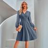 Summer Women Casual V-Neck Long Sleeve A-Line Dress High Waist Above Knee Solid Color Jacquard Dresses Spring S-XL