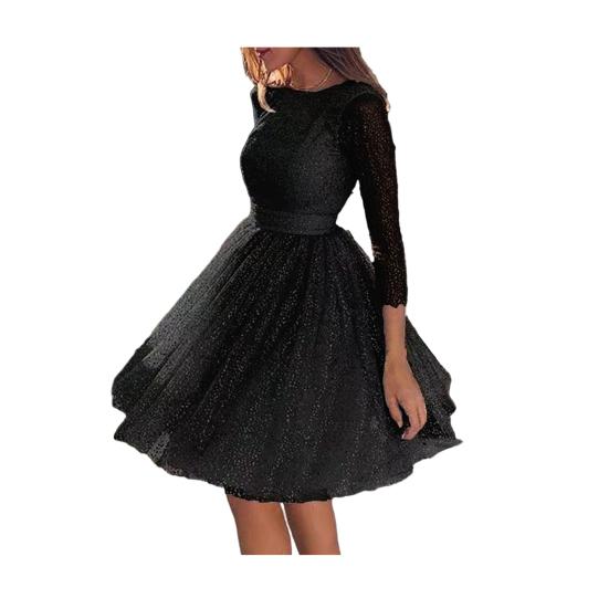 Glitter Starry Tulle Prom Dress For Women Long Sleeve Crew Neck Formal