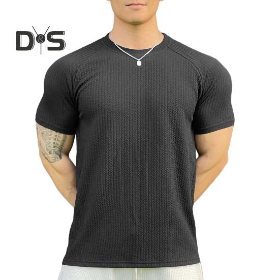 Men Summer Top with 3D Texture Round Neck Short Sleeves Loose Solid Color Muscular Men Sport T-shirt Daily Exercise Shirt