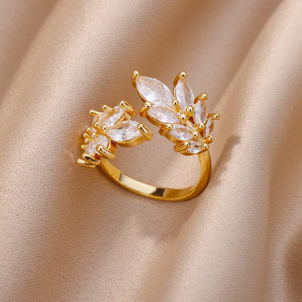 White Zircon Flower Leaf Shape Stainless Steel Rings For Women Adjustable Aesthetic Wedding Ring Light Luxury Female Jewelry BFF