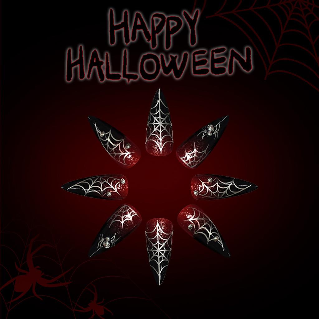 Halloween Press On Nails Almond Fake Nails Spider Acrylic Nails Glossy False Nails Stick On Nails Full Cover Fake Nails