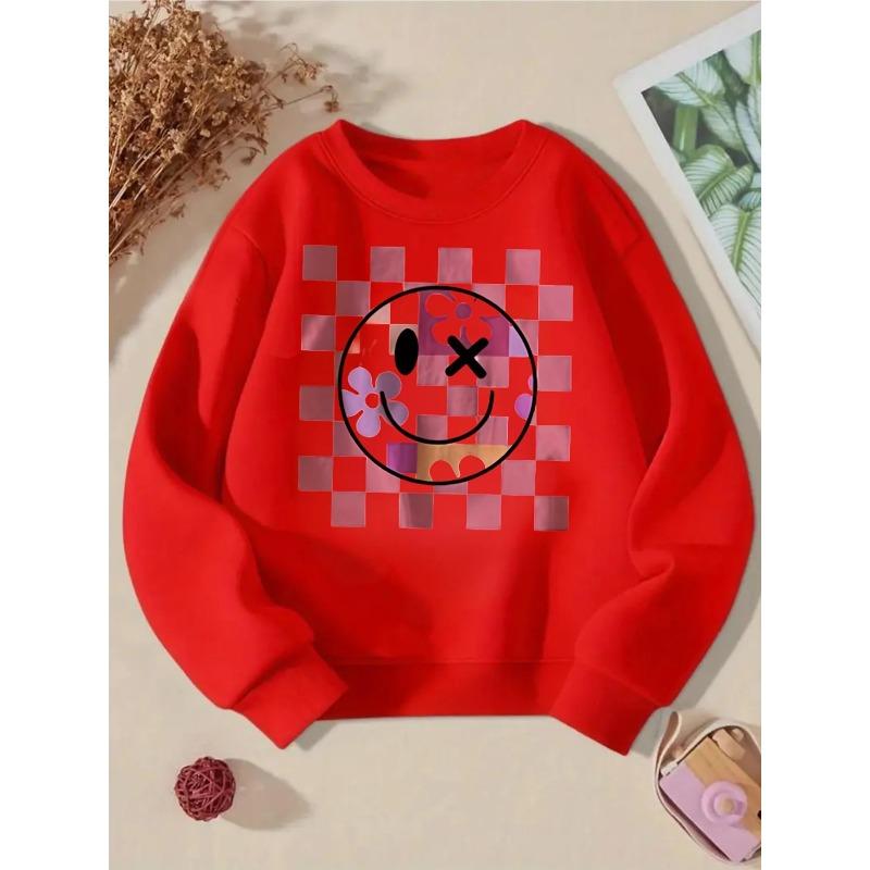 Kids Sweatshirt Pink Checkered Flower Design Girls' Fashionable crewneck sweatshirt, autumn and winter Western style top, children's long sleeved