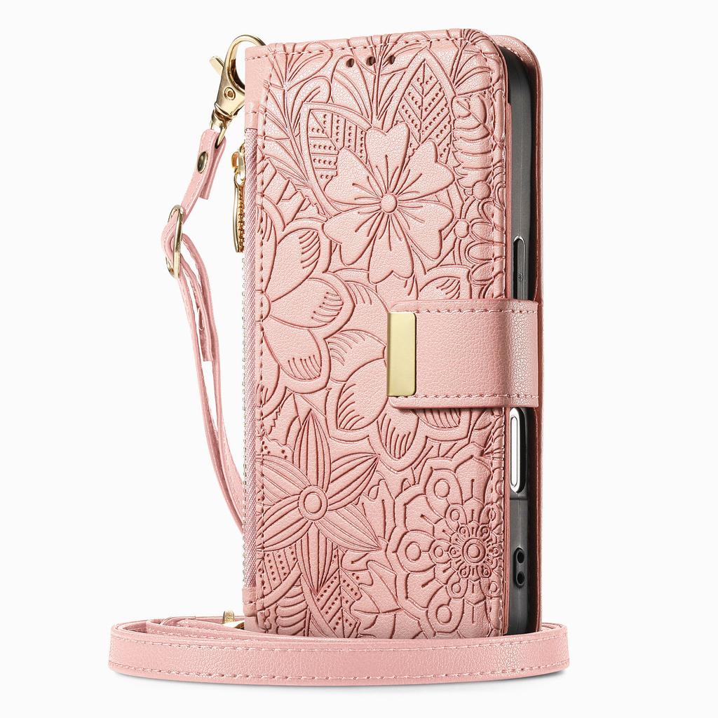 Florales Leder-Wallet-Case für iPhone 12-17 Serie. mit abnehmbarem Schultergurt